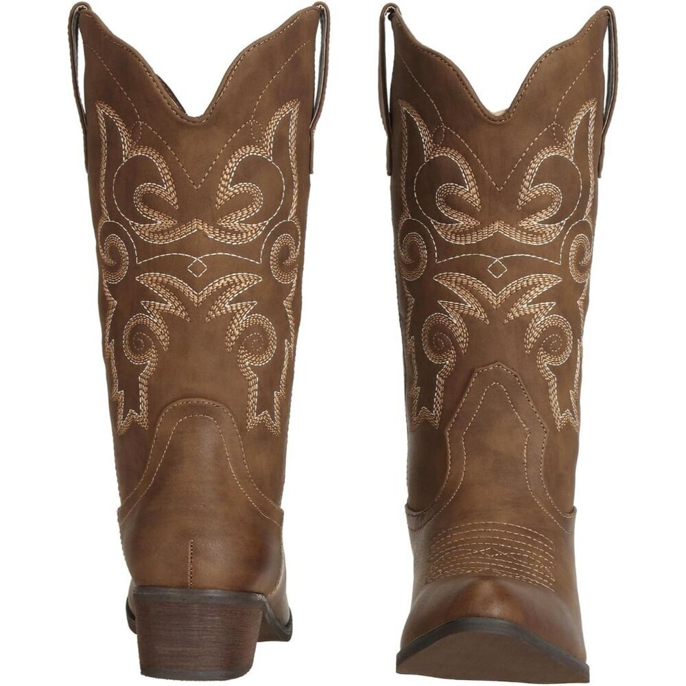 Woman's Distressed Brown Pu leather Cowgirl Mid Wide Calf Western Fashion Boots - Picture 2 of 8